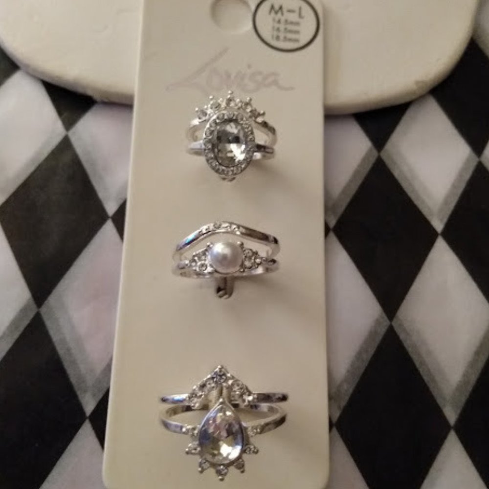 LOVISA 6pc SET/LOT ELEGANT SILVER CRYSTAL/PEARL STACKABLE RING SET SIZE M/L**NEW